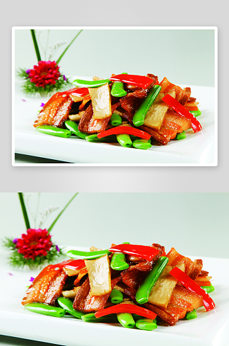 鲍菇龙豆炒咸肉美食高清摄影图