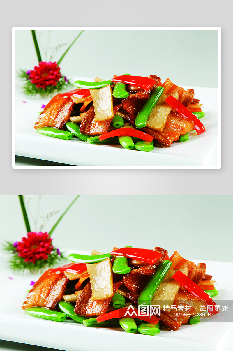 鲍菇龙豆炒咸肉美食高清摄影图素材