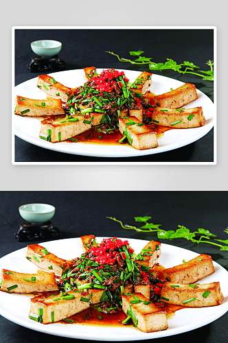 韭菜肉沫煎豆腐美食高清摄影图
