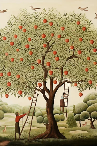 数字艺术苹果树动漫人物插画
