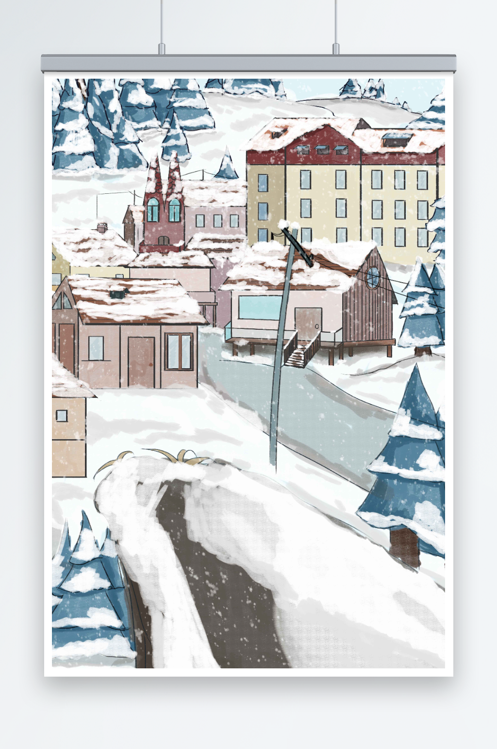 森林里的下雪风景城市雪景插画素材