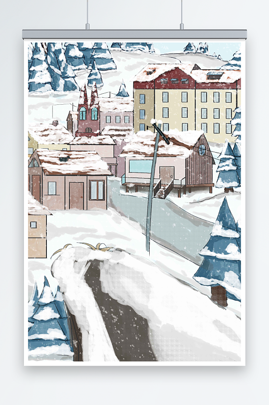 森林里的下雪风景城市雪景插画
