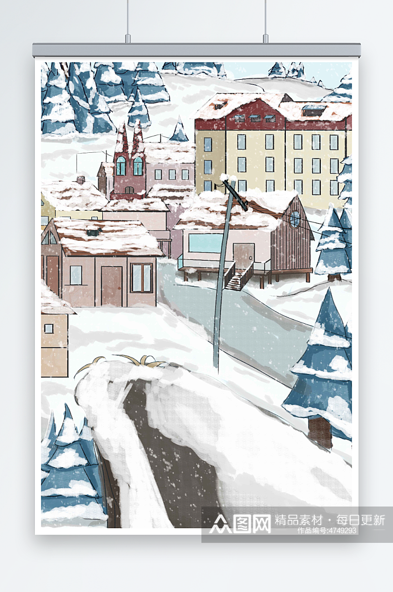森林里的下雪风景城市雪景插画素材