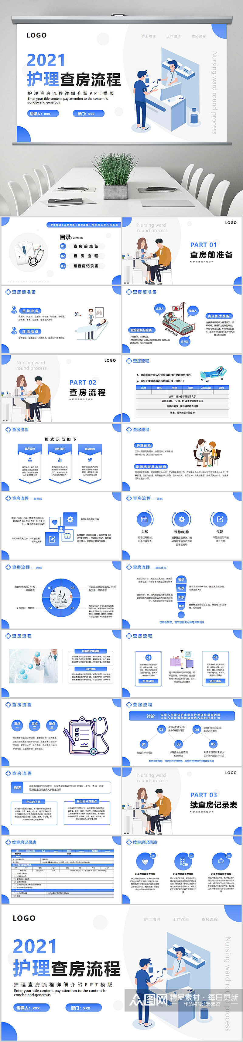 简约扁平化护理查房流程详细介绍PPT模版素材