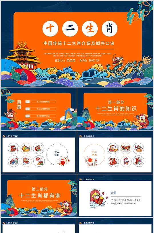 中国传统十二生肖介绍及顺序口诀动态PPT-众图网