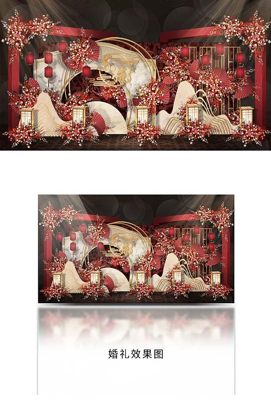 寿宴 红金色江南风中国风新中式婚礼布置效果图-众图网