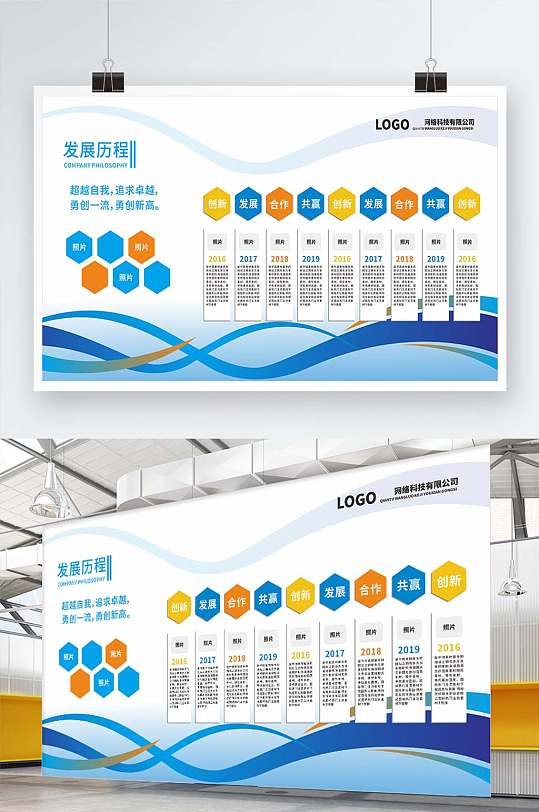 大氣藍(lán)色絲帶企業(yè)發(fā)展歷程文化墻設(shè)計(jì)圖片