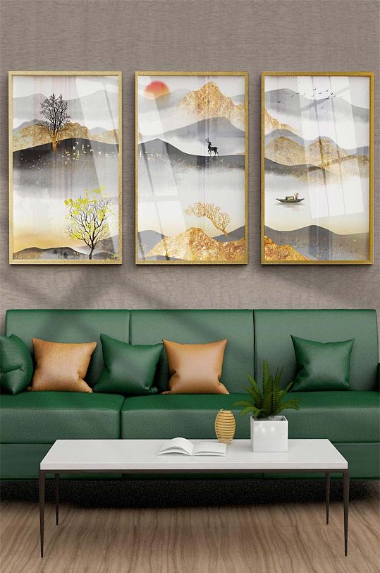 轻奢金色树石山水画装饰画-众图网