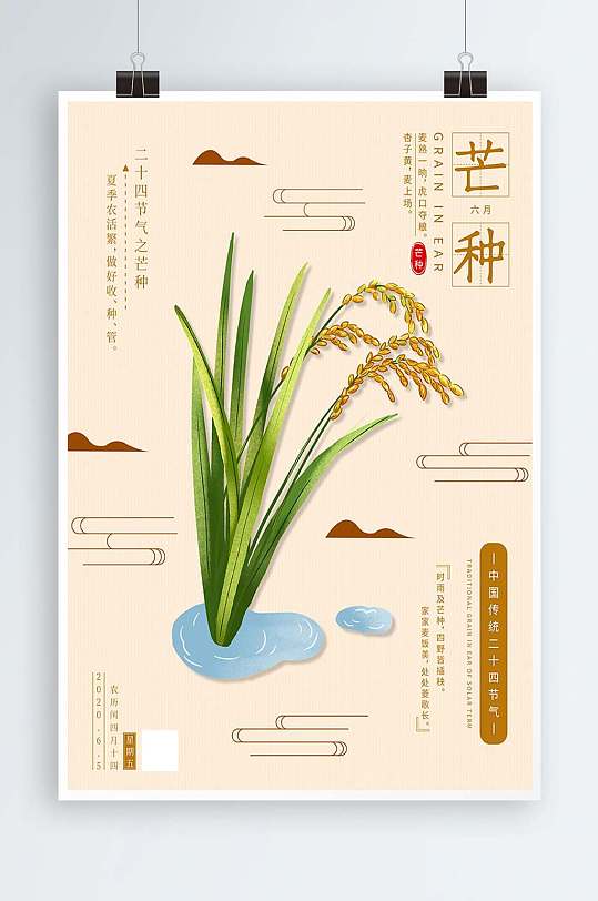 芒种稻穗线条海报