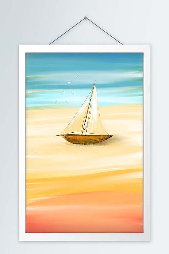 手绘帆船海洋油画装饰画-众图网