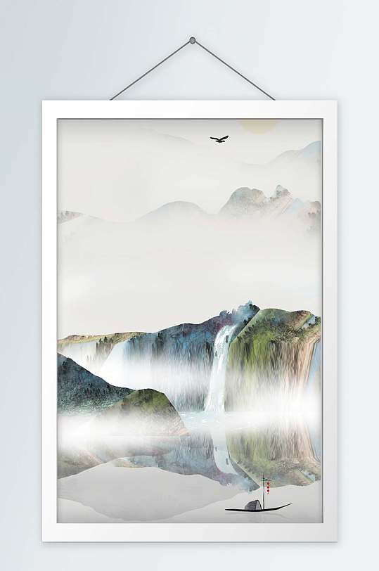 水墨船只山水风景画-众图网