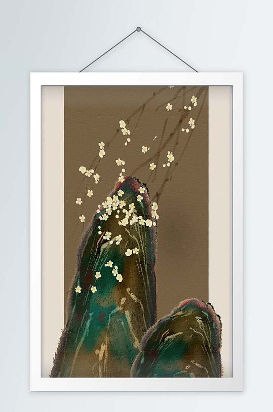 手绘水墨风梅花石山装饰画