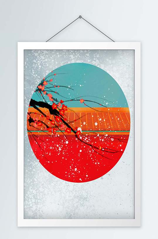 手绘中国风红墙梅花装饰画