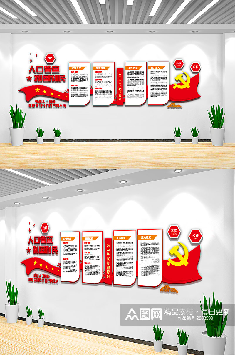 红色大气人口普查内容宣传栏文化墙图素材