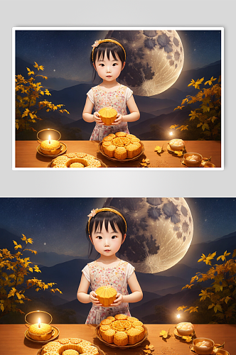 数字艺术中秋节吃月饼人物插画