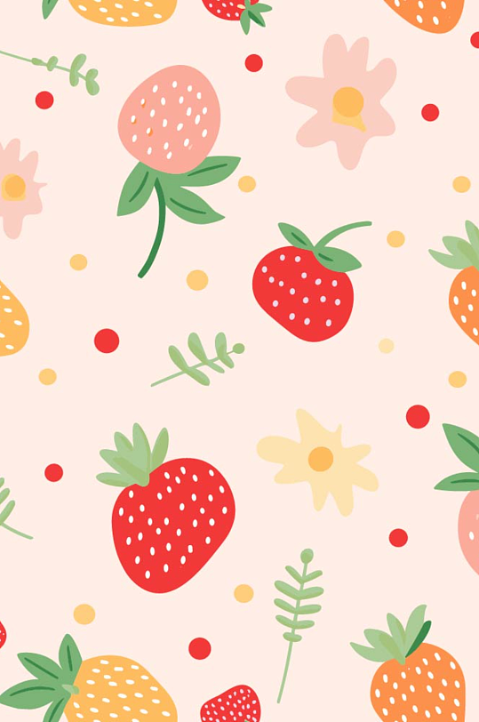果蔬草莓植物枝叶波点平涂卡通亲背景