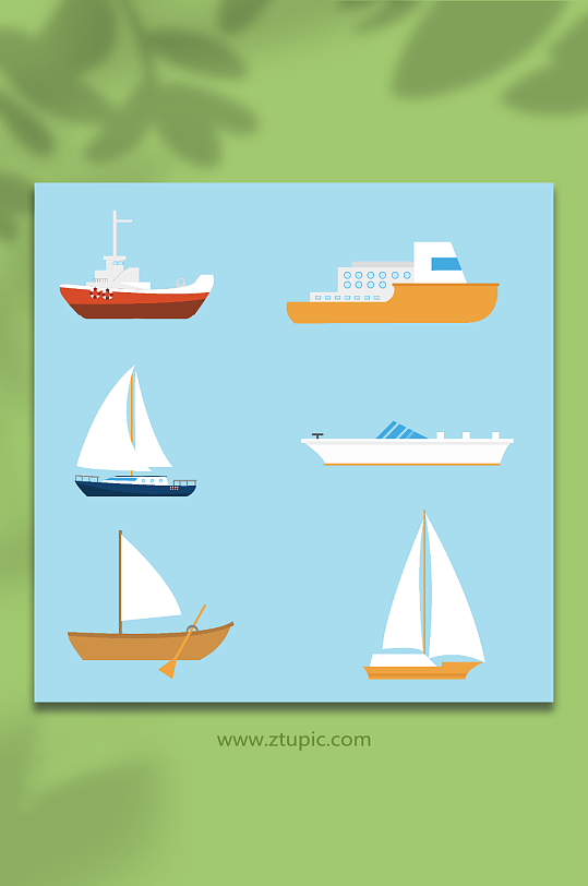 扁平矢量轮船帆船交通元素插画