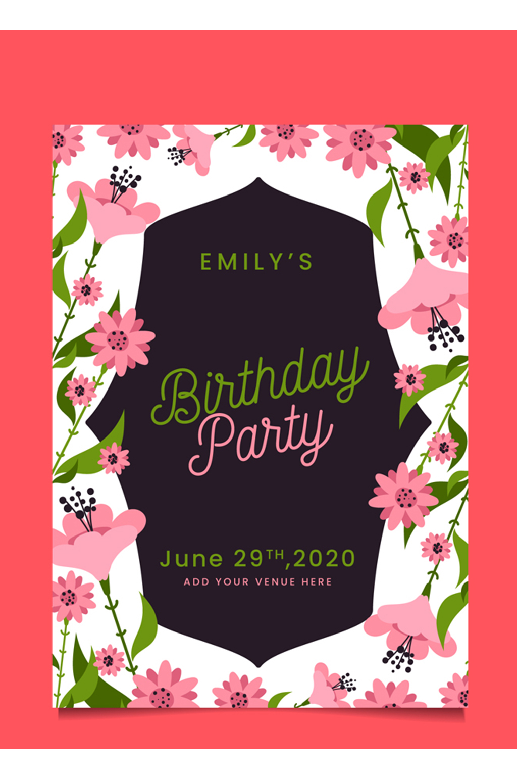 粉色花卉生日派对邀请卡矢量图素材
