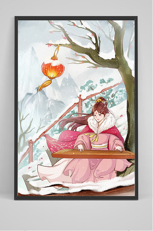 古风弹琴的女子插画设计