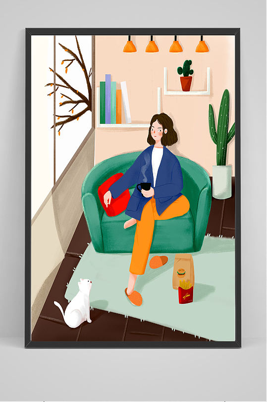 坐在沙发上玩手机的女子插画设计-众图网