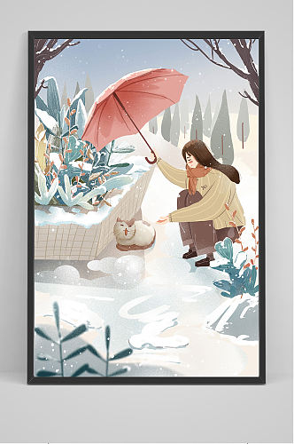 雪地上给小猫打伞的女孩插画设计