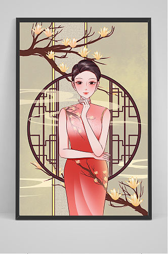 中国古代屏风美女手绘插画设计