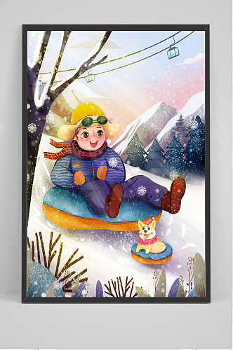 女孩冬季滑雪插画设计