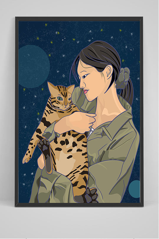 女孩抱着小猫咪插画设计