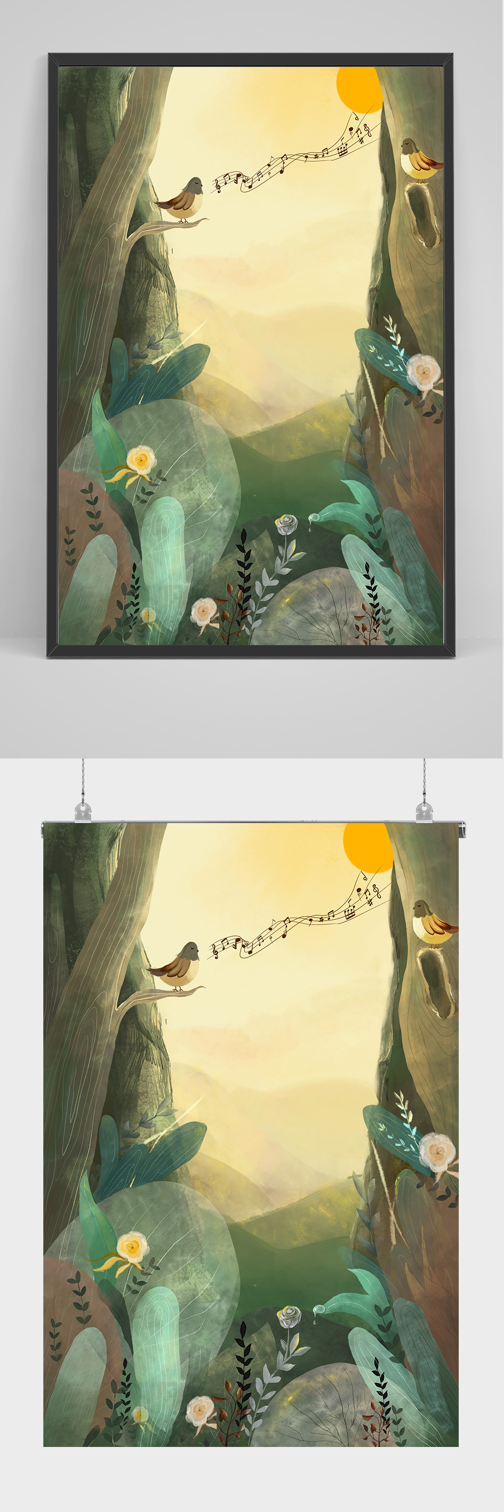 手绘山林中的小鸟歌唱插画设计素材
