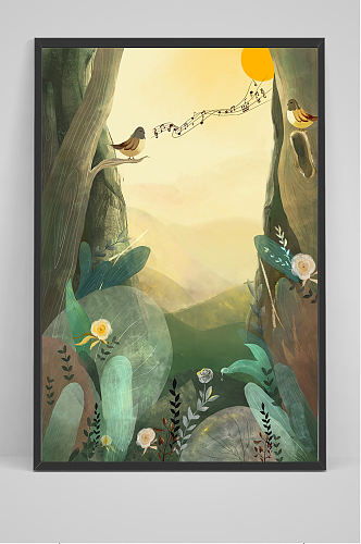 手绘山林中的小鸟歌唱插画设计