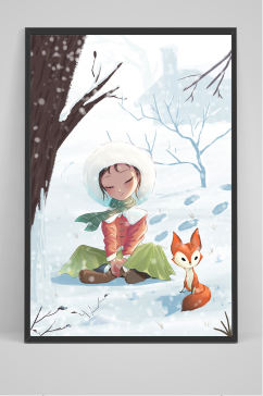 在雪地上的女孩和小狐狸插画设计