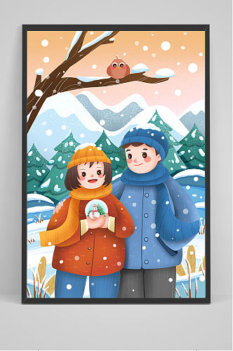 手绘男女情侣在雪中插画设计