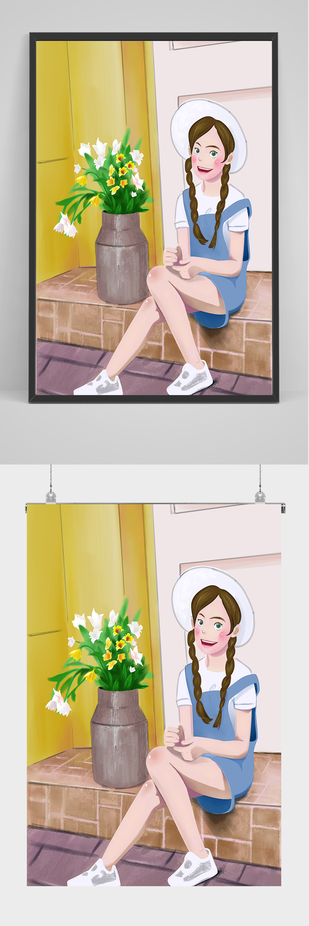 手绘美女和鲜花插画设计素材