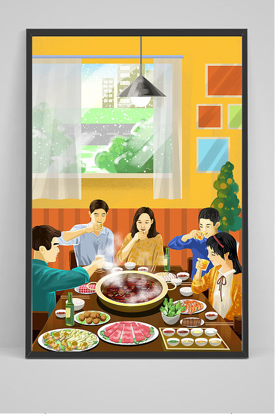 一家人团聚吃火锅手绘插画设计
