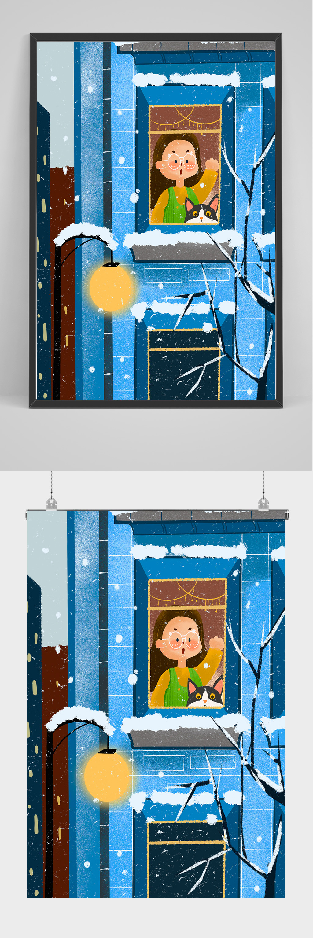 手绘女孩和小猫看下雪插画设计素材
