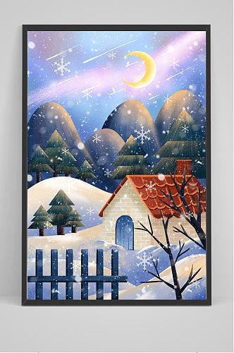 唯美冬季飘雪的村庄手绘插画设计