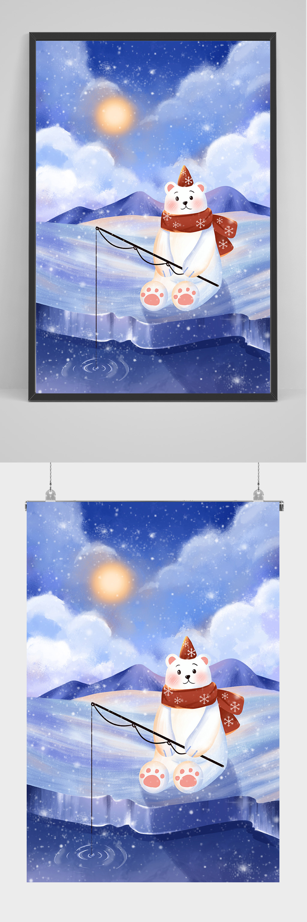 手绘北极熊在钓鱼插画设计素材