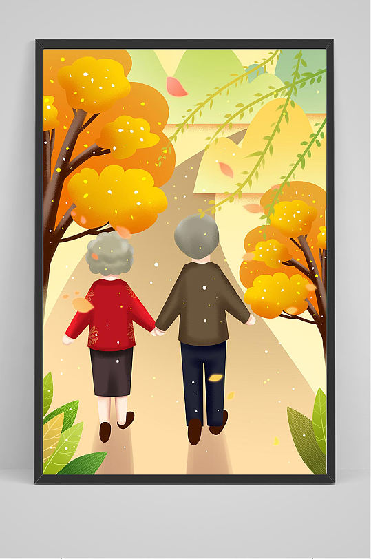 老人手牵手插画设计