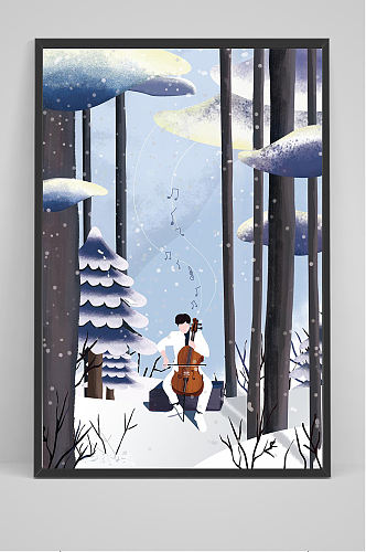 冬季树林中拉大提琴的男子插画设计