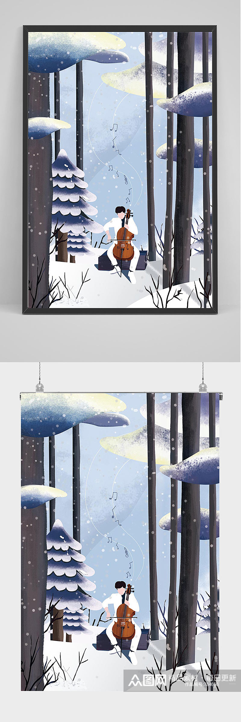 冬季树林中拉大提琴的男子插画设计素材