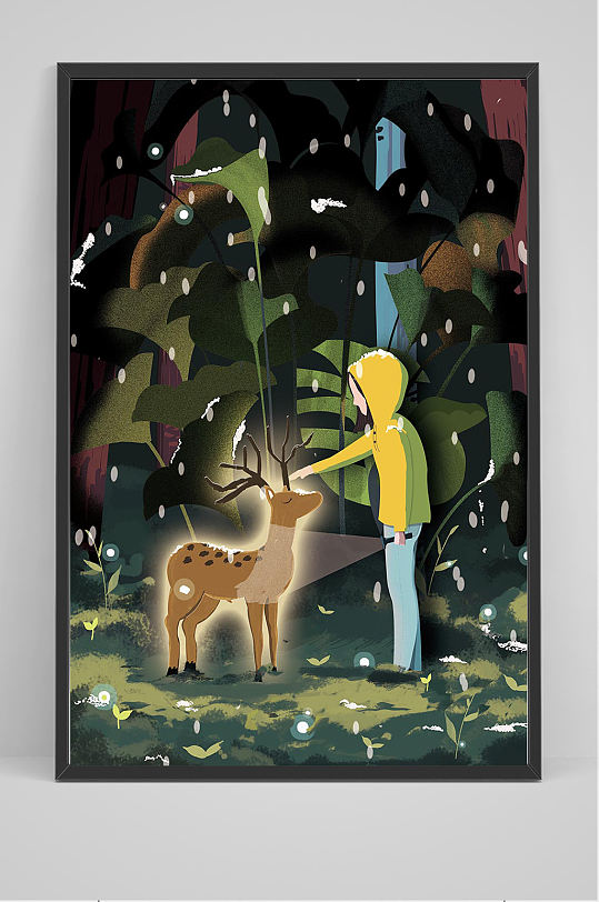 夜晚树林中的男孩和麋鹿插画设计