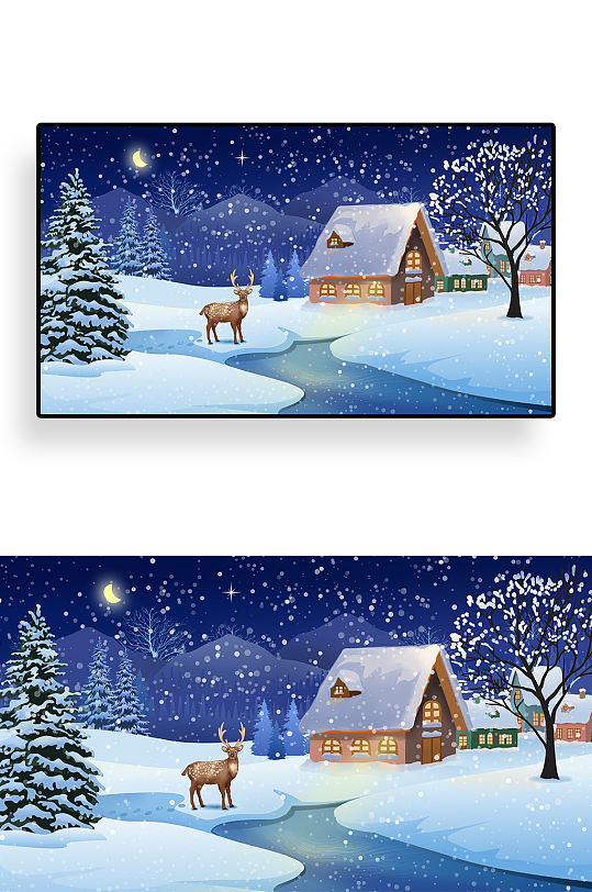 手绘夜晚雪地上的麋鹿和房子插画设计
