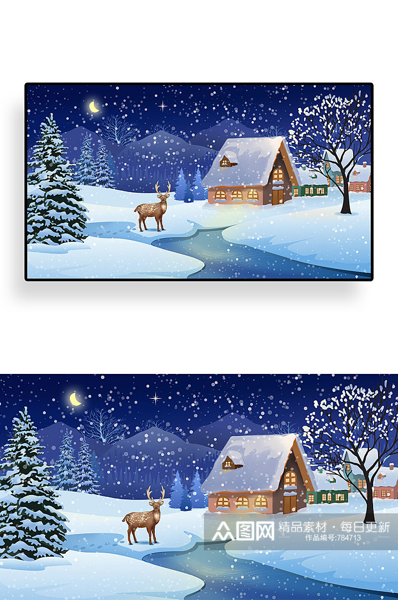 手绘夜晚雪地上的麋鹿和房子插画设计素材