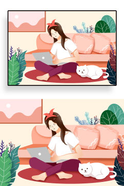 玩电脑的女孩和小猫手绘插画设计