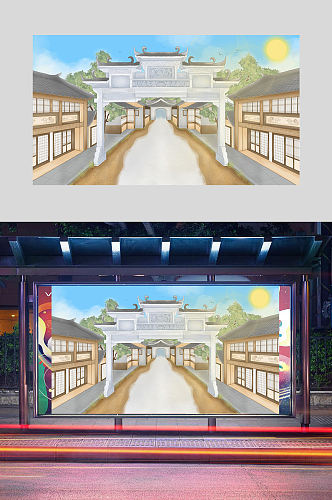 中国风古风建筑街道插画设计