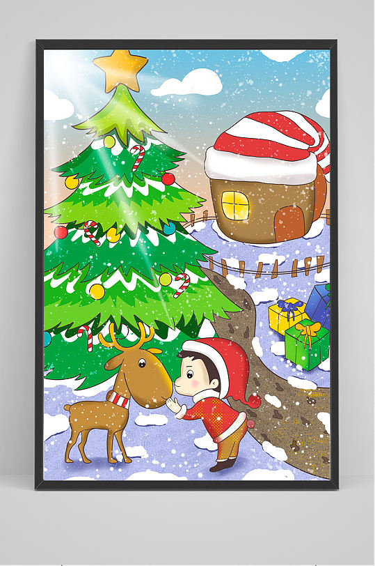 麋鹿和小孩子圣诞节插画设计
