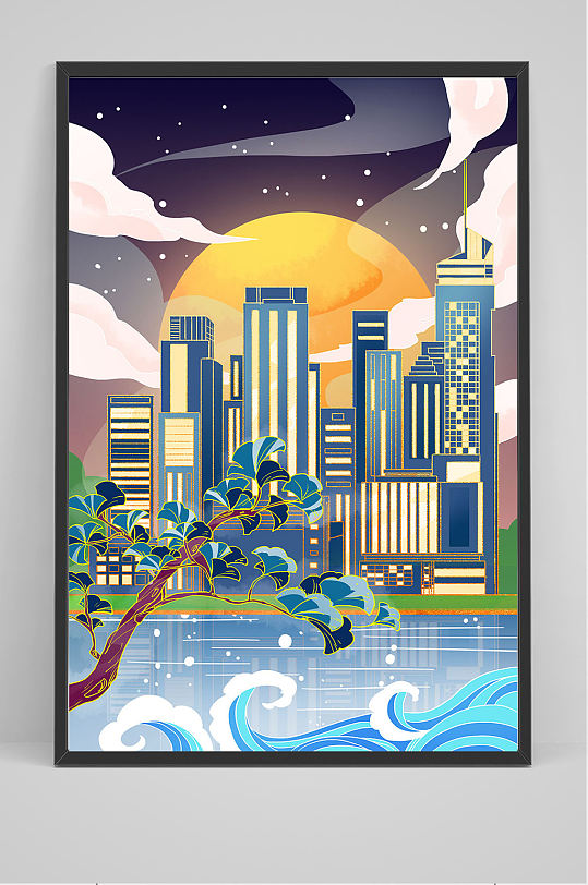 精品夜晚大城市建筑插画设计-众图网