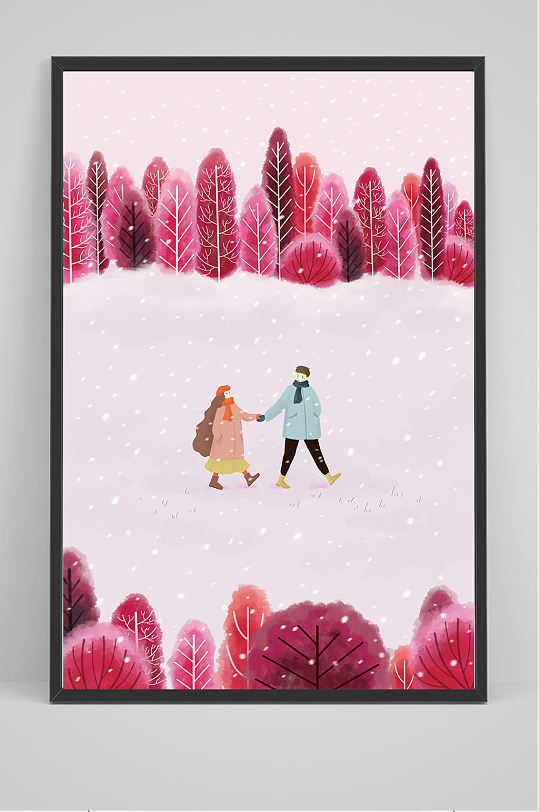 精品手绘情侣走在雪地上插画设计