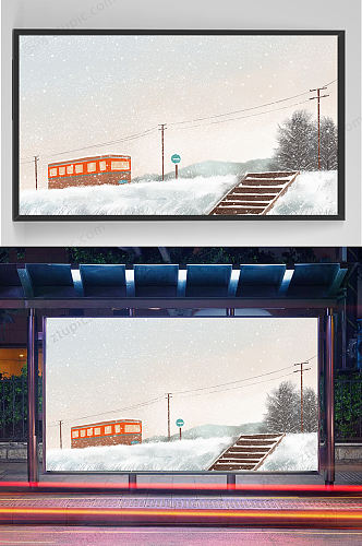 雪地开往远方的火车插画设计