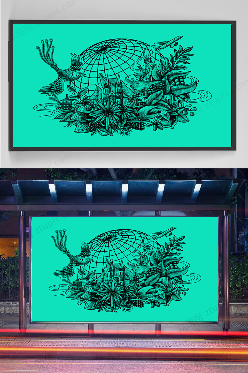 精品手绘城市动物线稿插画设计素材